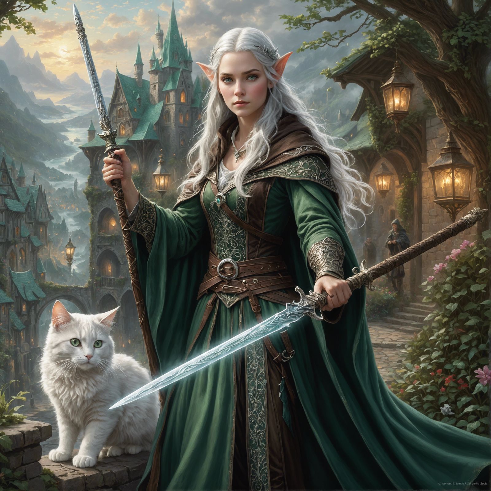 Elf with Wand and Cat in Fantasy Style