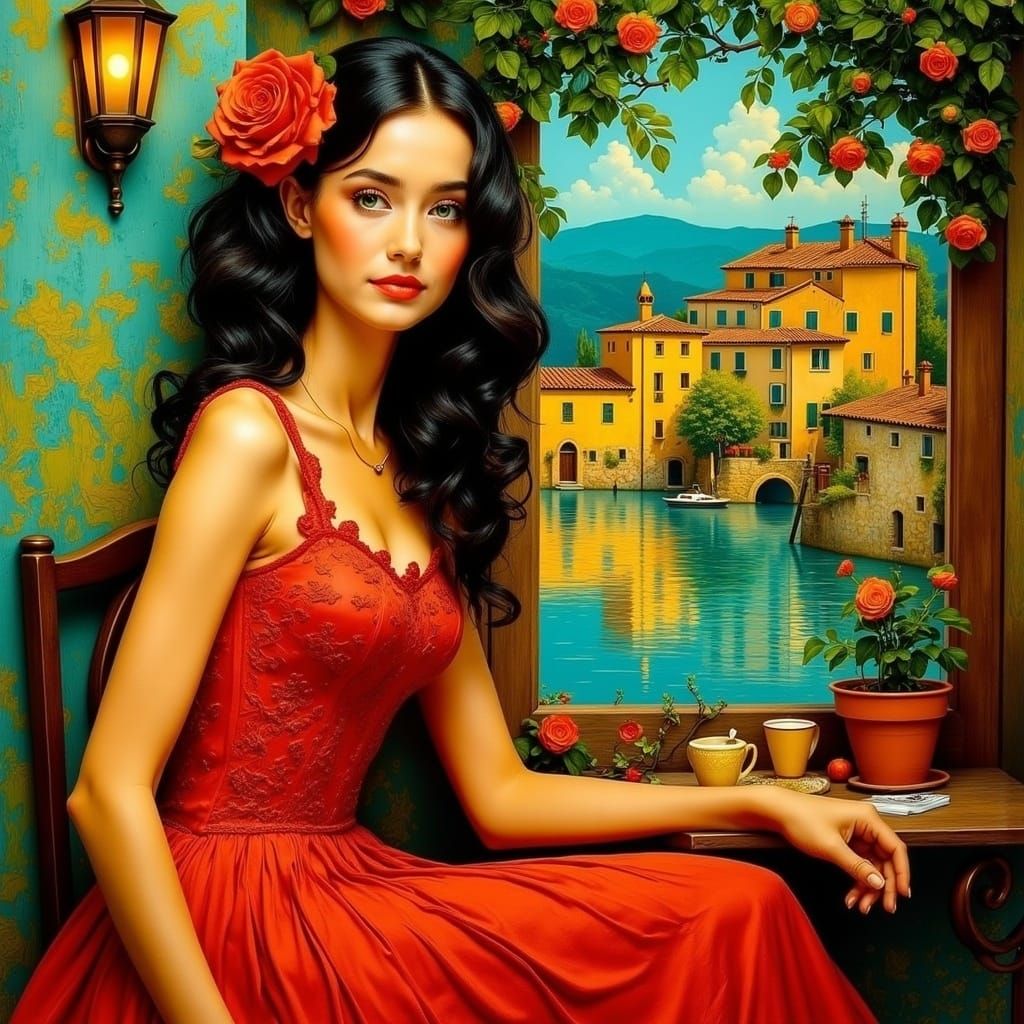 Serenely Seated Woman in a Whimsical Mediterranean Town