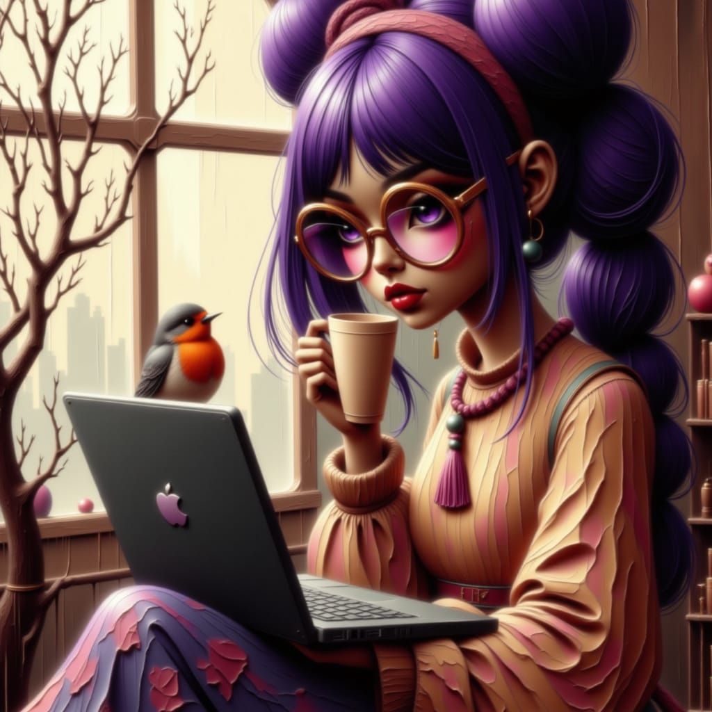 Bohemian Woman with Purple Hair Studying with Robin