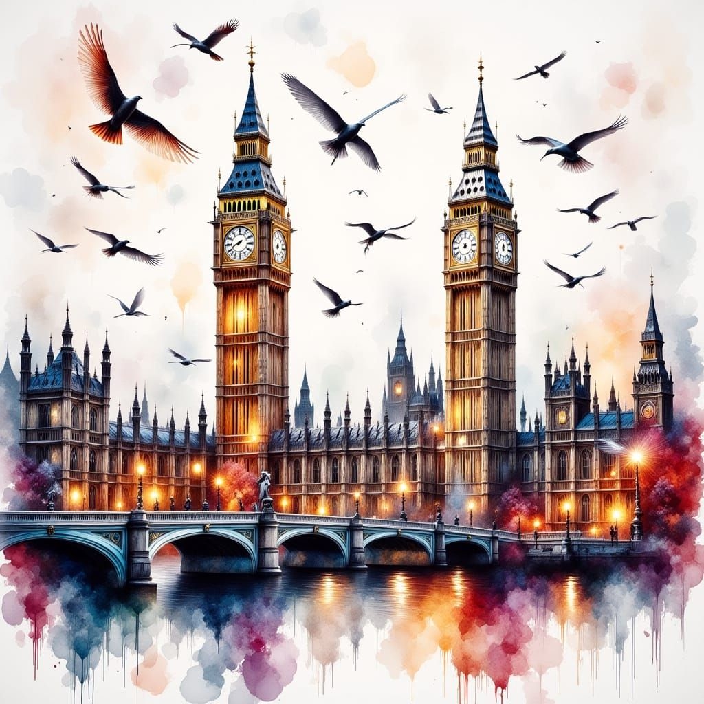 Vibrant Ink Wash London Cityscape with Big Ben