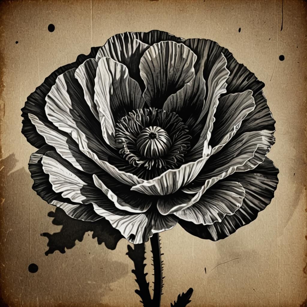 Realistic Poppy Flower Close-Up in Film Noir Style