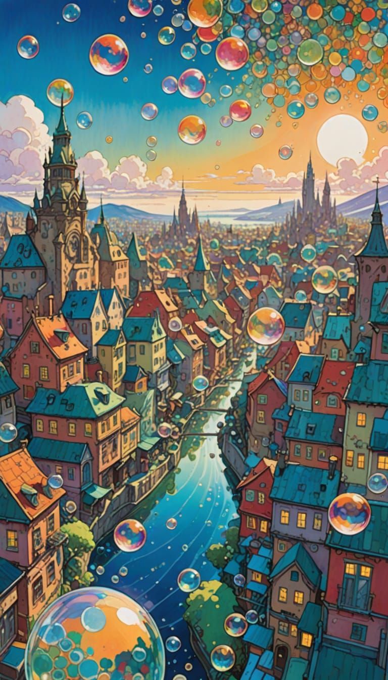 Dreamscape City with Floating Bubbles in Watercolor Gouache