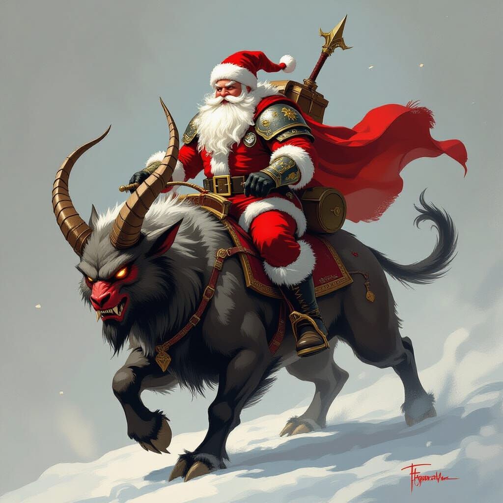 Santa Claus Rides Krampus in Dark Fantasy Style
