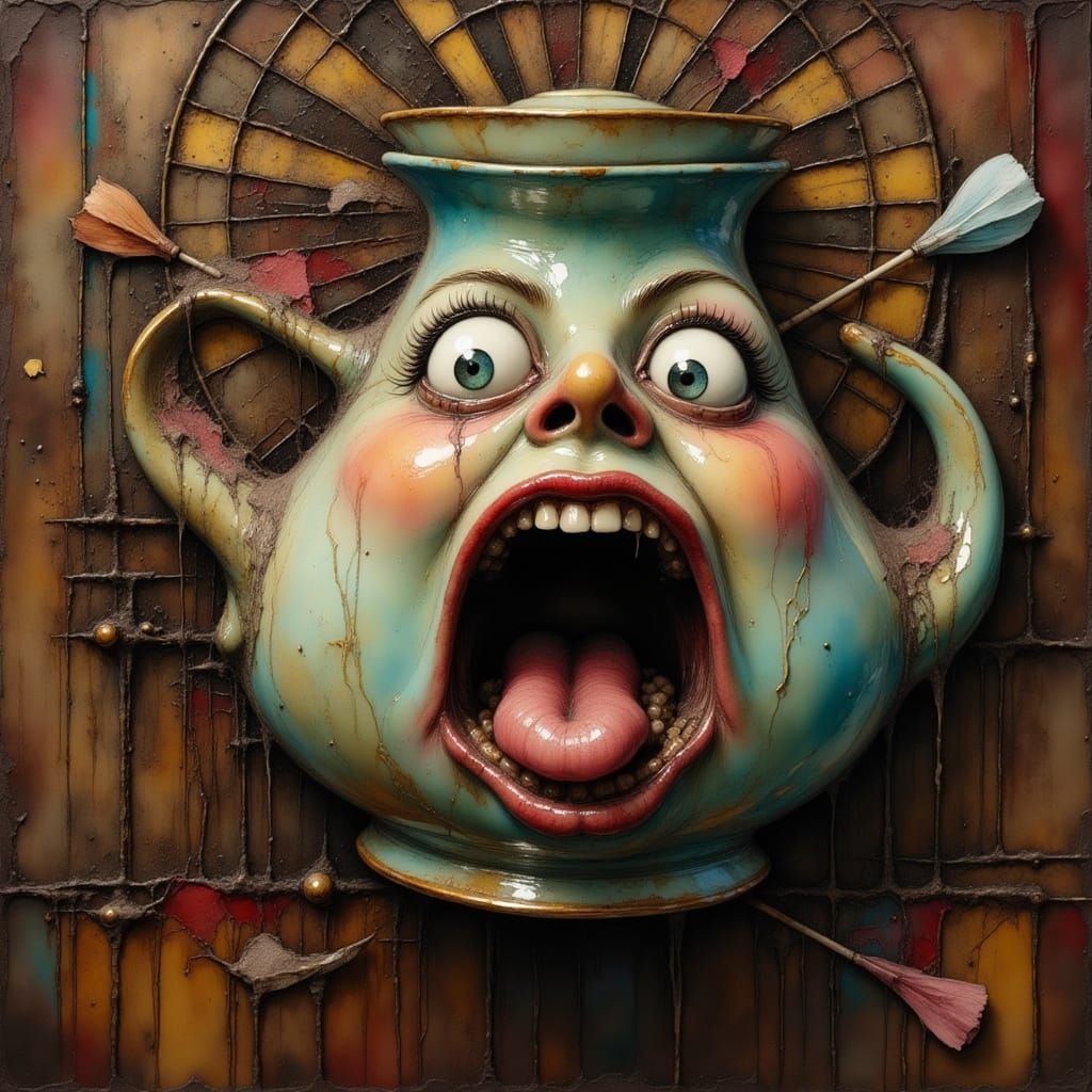 Terrified Teapot Faces Dartboard in Grimy Bar