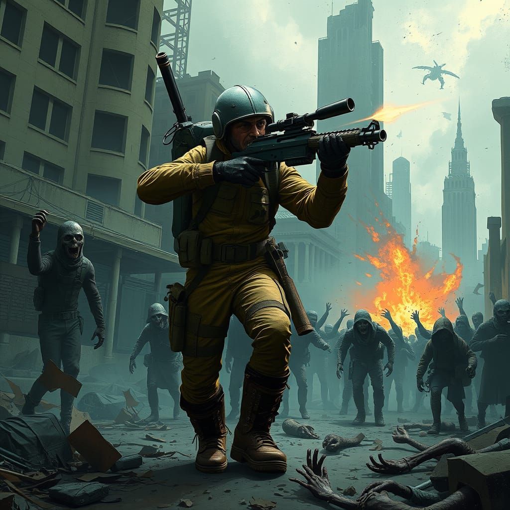 Survivor Fights Zombies in Ruined City