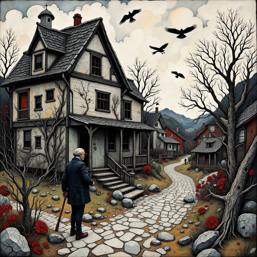 Crooked House with Crows and Old Man