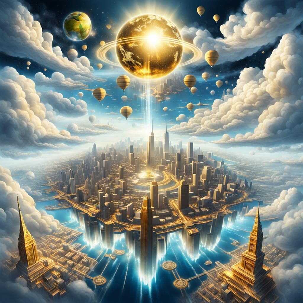 Golden Celestial City Hovering Above Earth