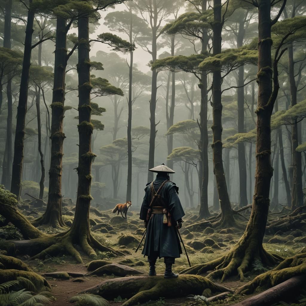 Lonely Ronin in Forest Hiding Fox: Digital Matte Painting