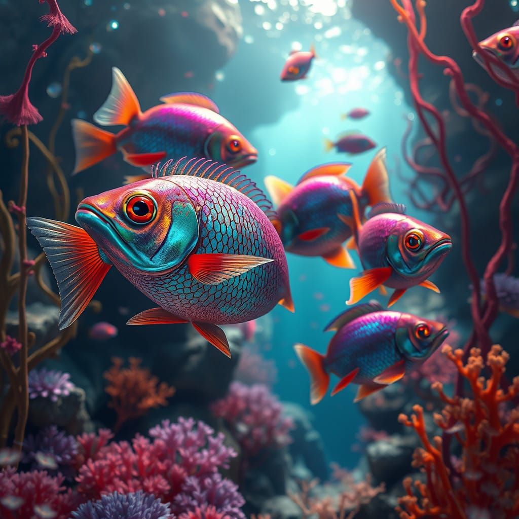 Vibrant Iridescent Fish in Whimsical Underwater Realm