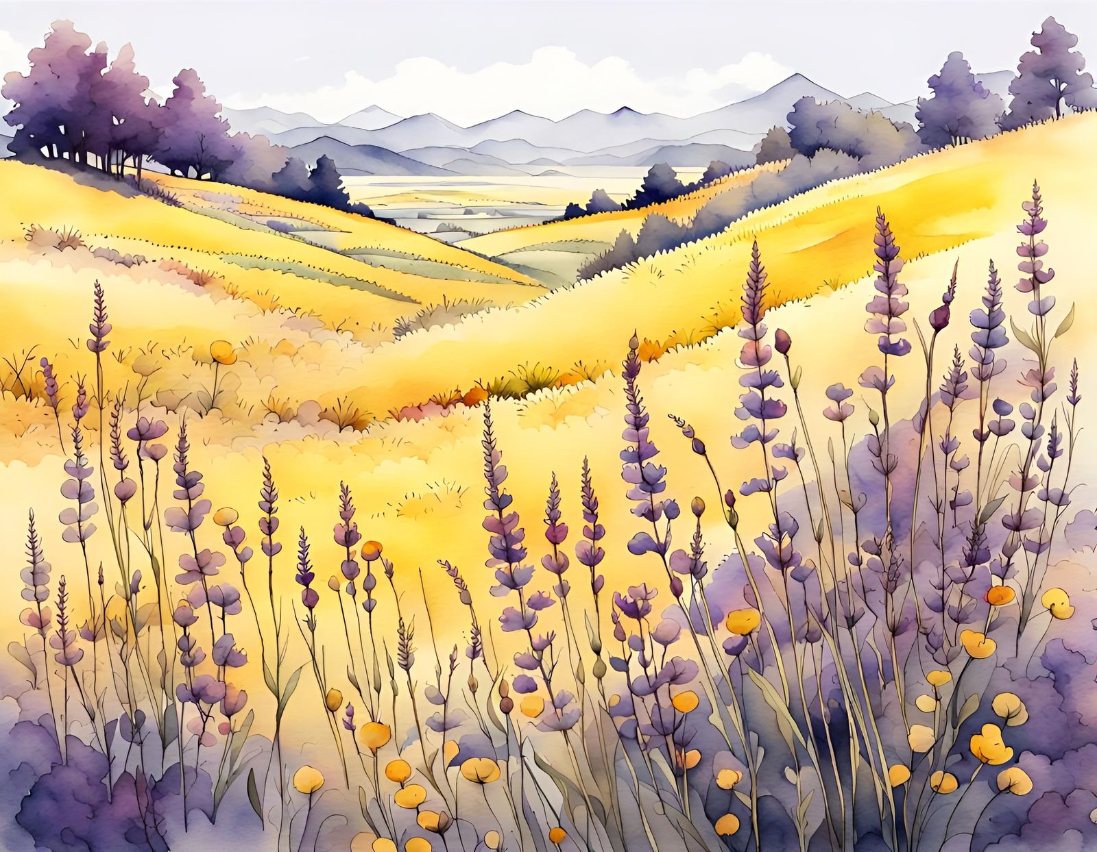 Watercolor Wildflower Field in Ukiyo-e Style