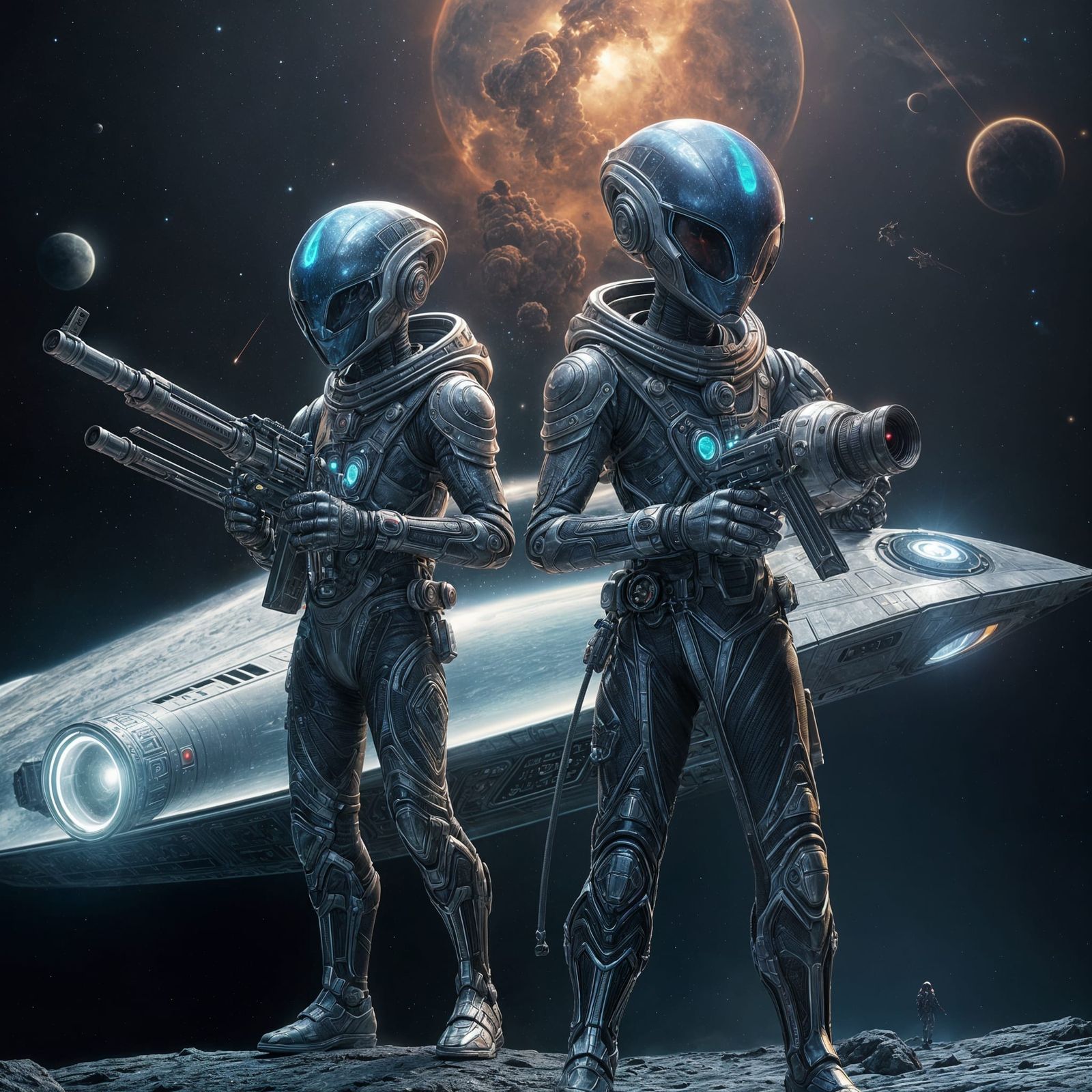 Alien Duo Pose in Futuristic Spacecraft Setting