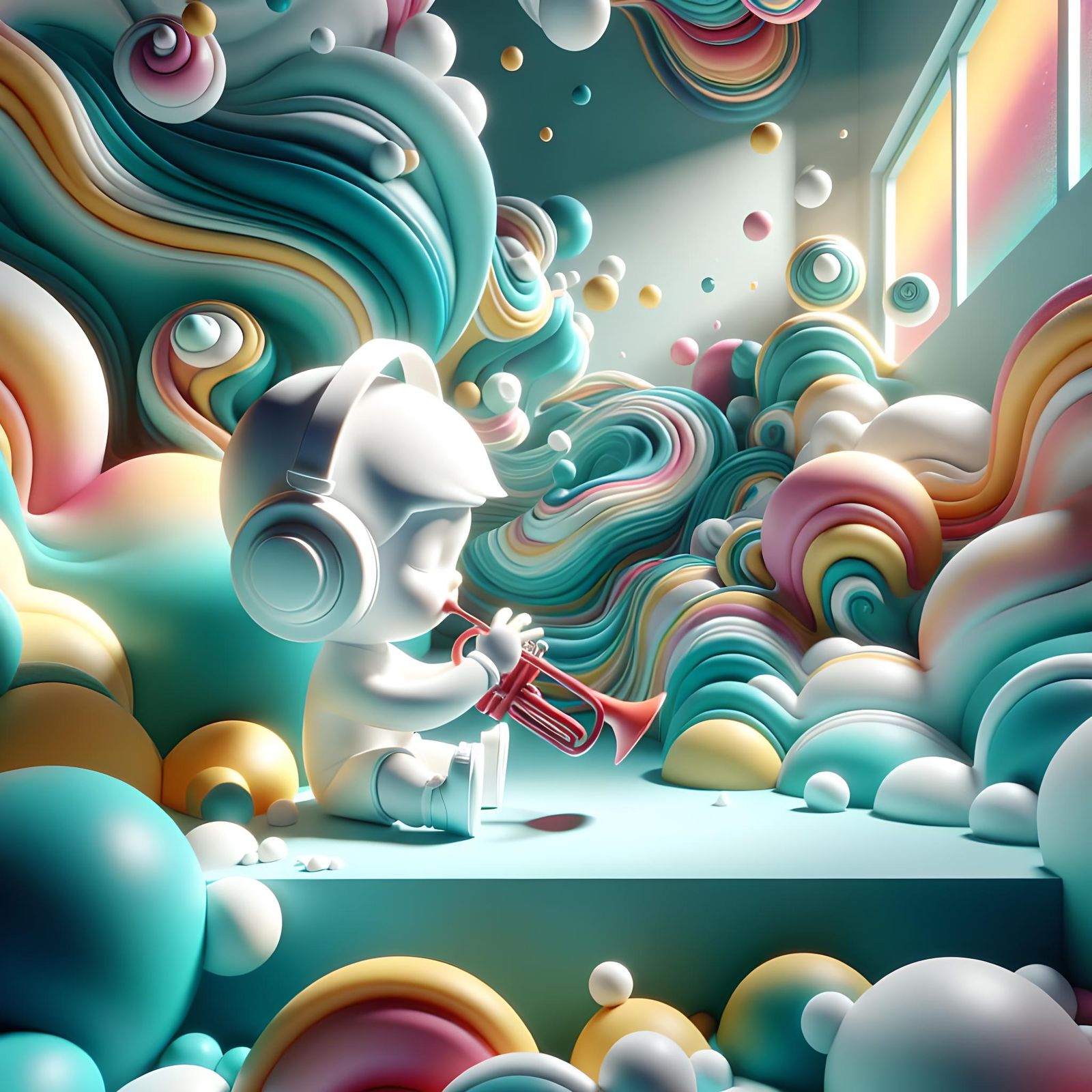 Radiant CGI Child Plays Trumpet in Colorful Room