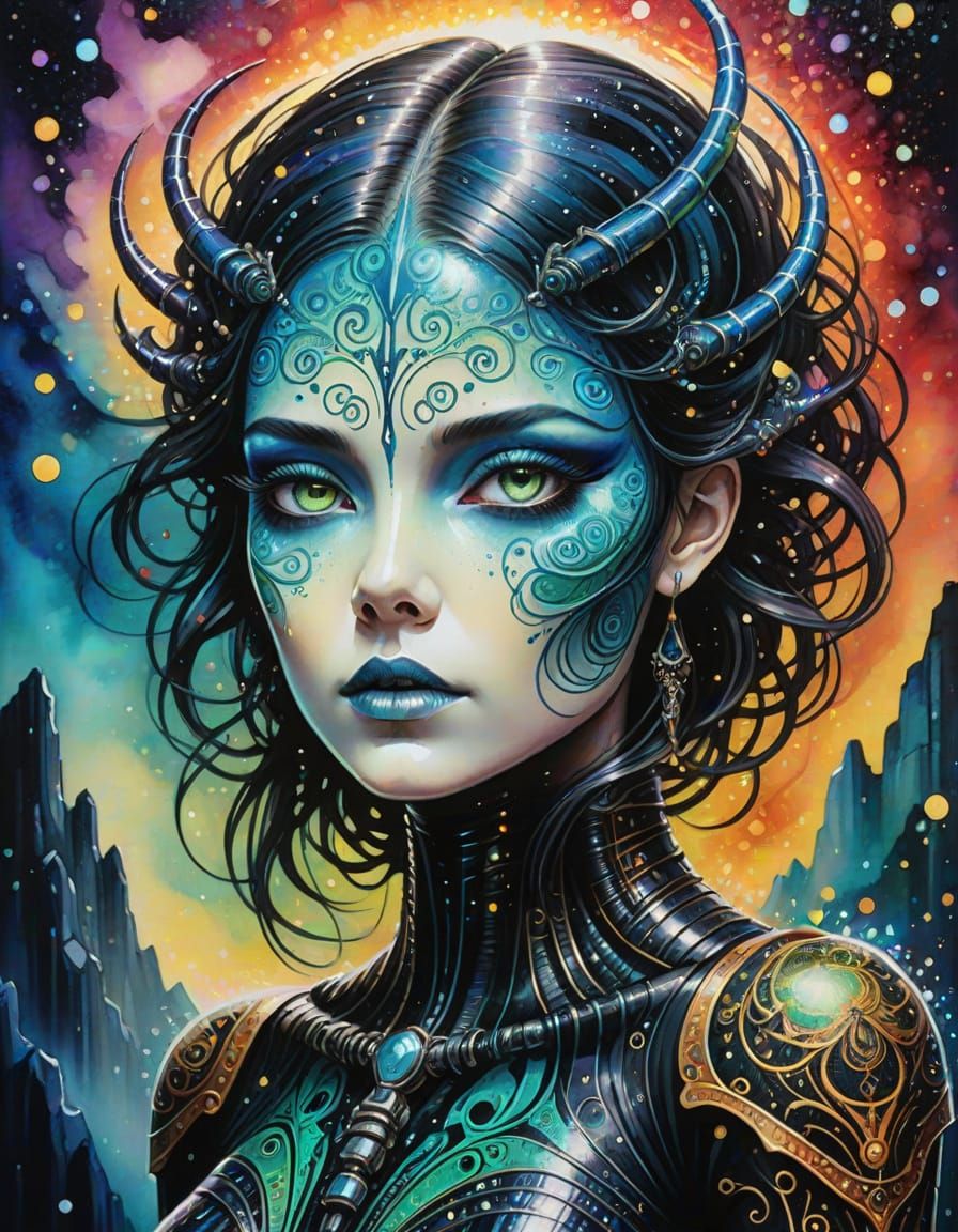 Elegant Android with Tattoo Art in Mountain Landscape