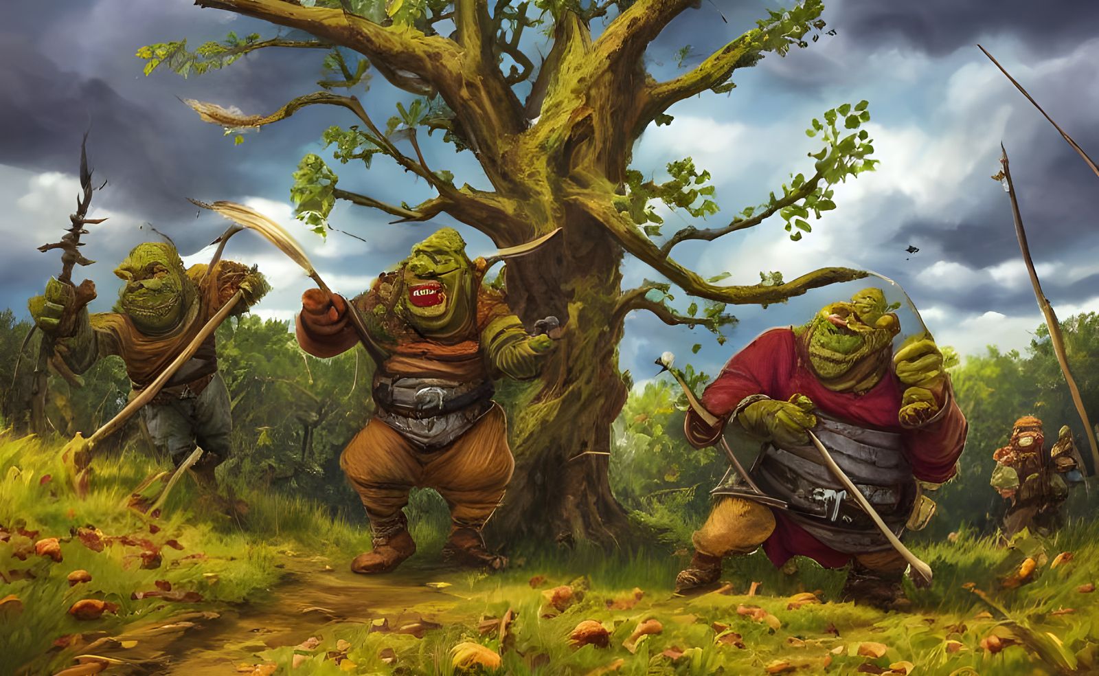 Goblins Enjoying October Ale Under Oak Tree