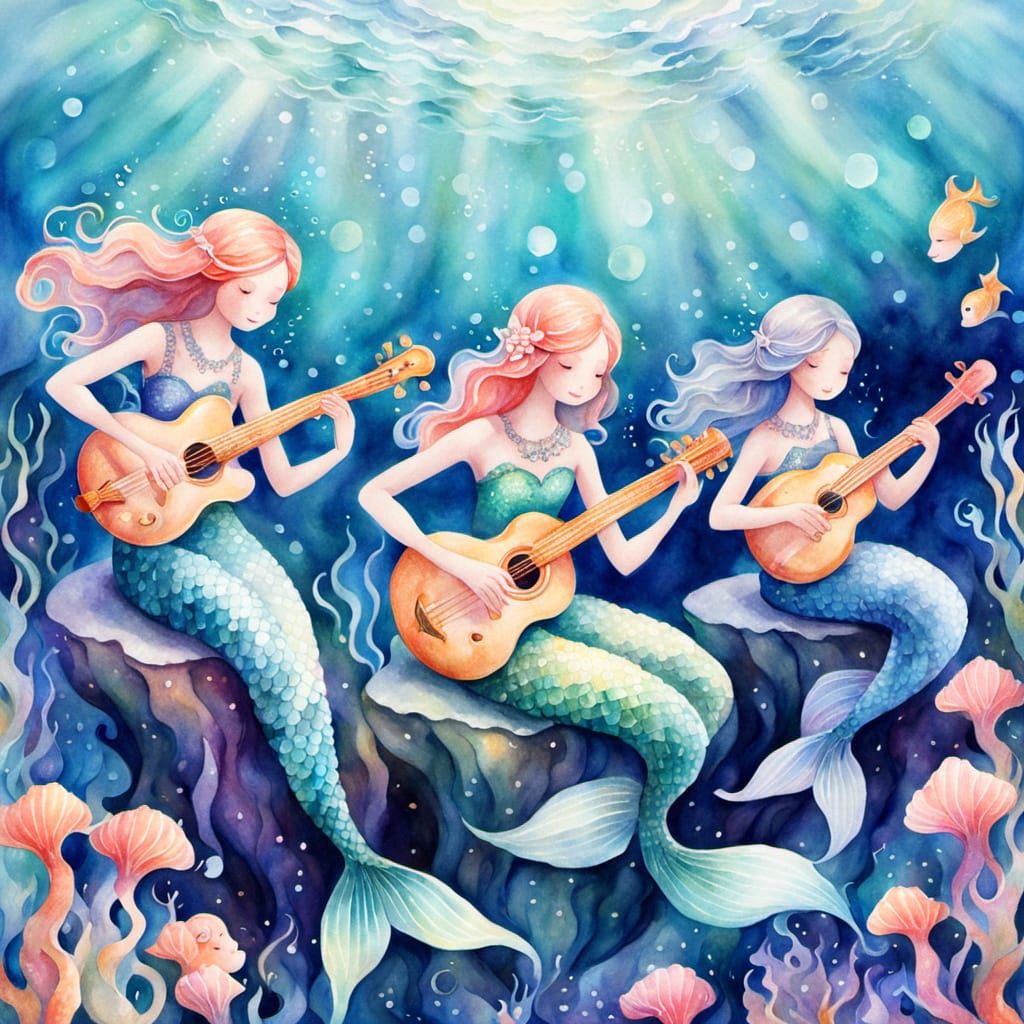 Whimsical Mermaids Play Music Underwater in Watercolor Style