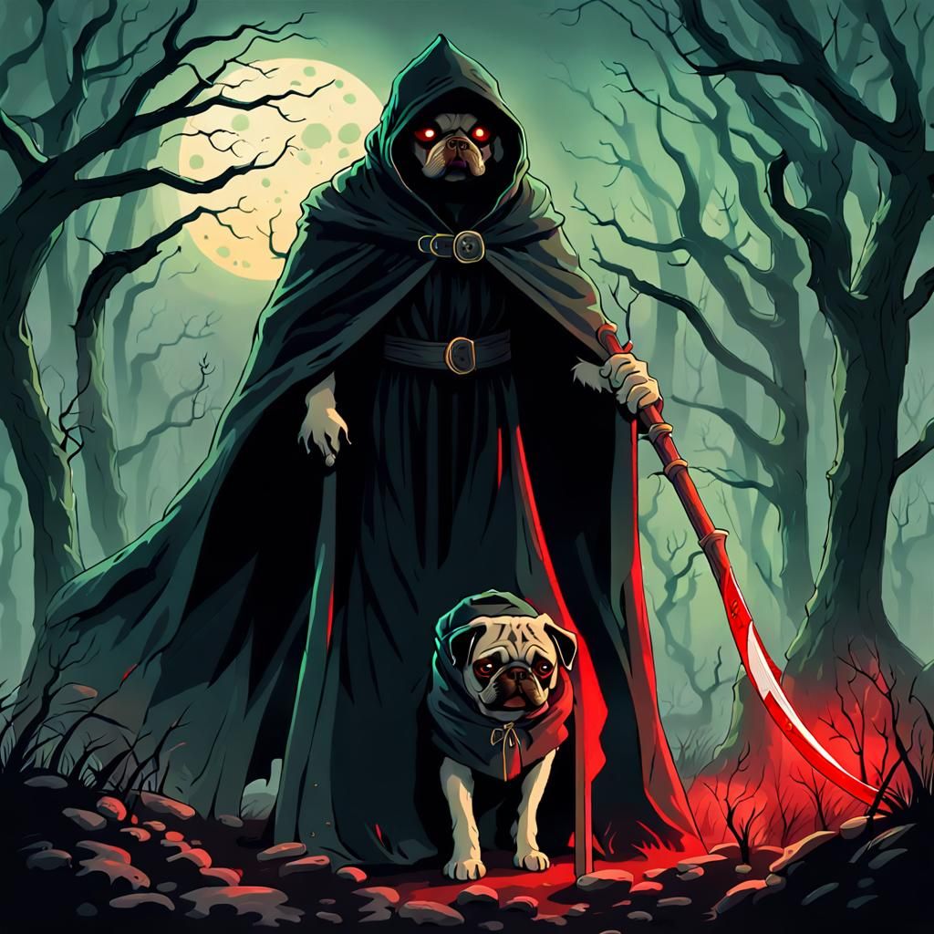 Pug as Grim Reaper in Dark Fantasy Style