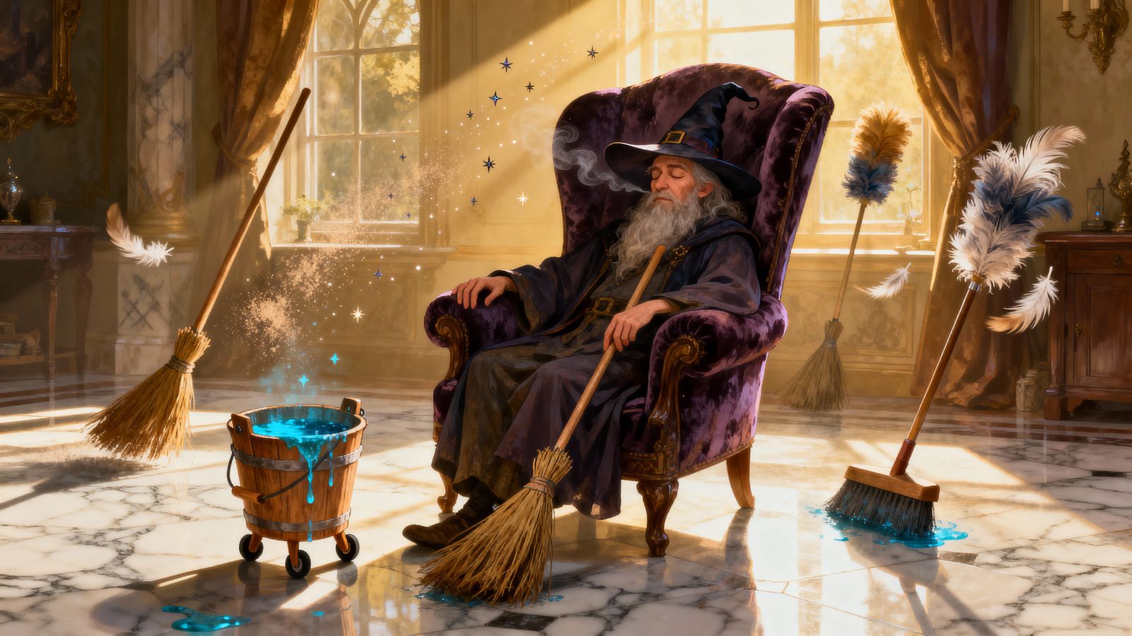 Wizard Napping Amidst Enchanted Chores in Sunlit Tower