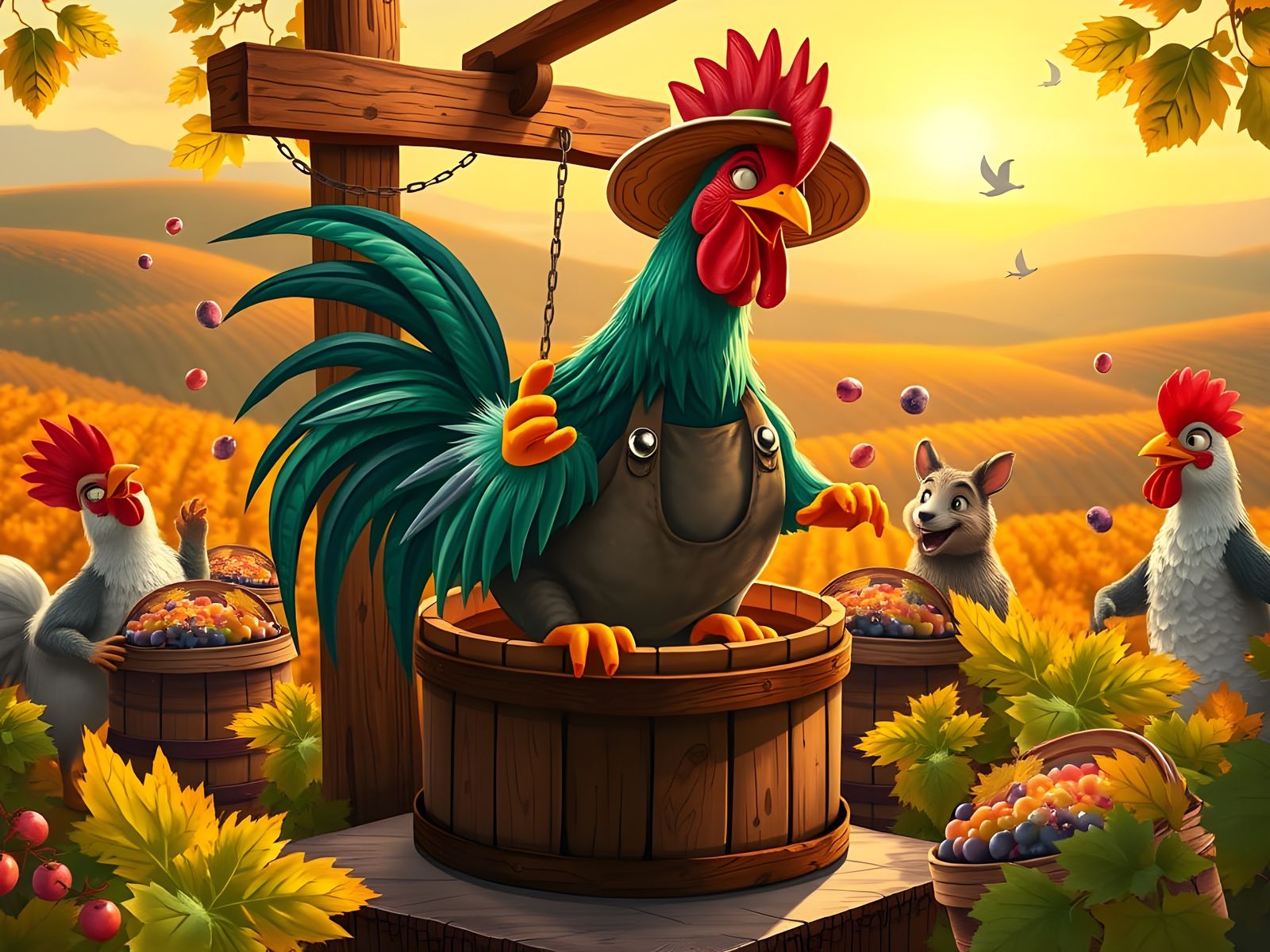 Rooster Farmer Stomps Grapes in Autumn Harvest Wine Press