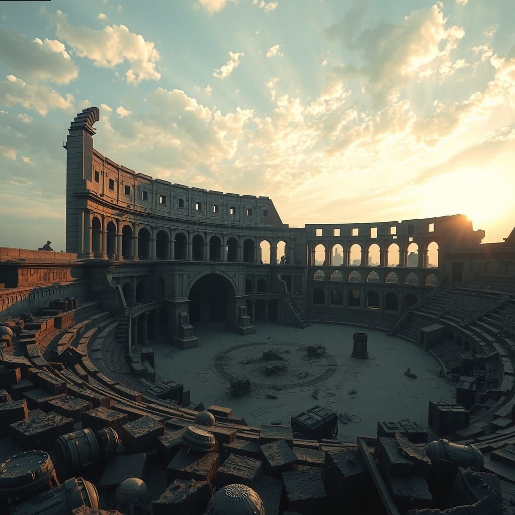 Ethereal Post-Apocalyptic Colosseum Under Alien Invasion