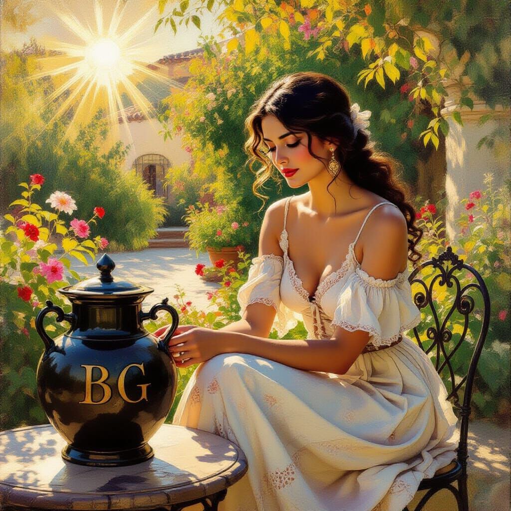 Spanish Woman in Golden Hour Garden, Oil Painting Style