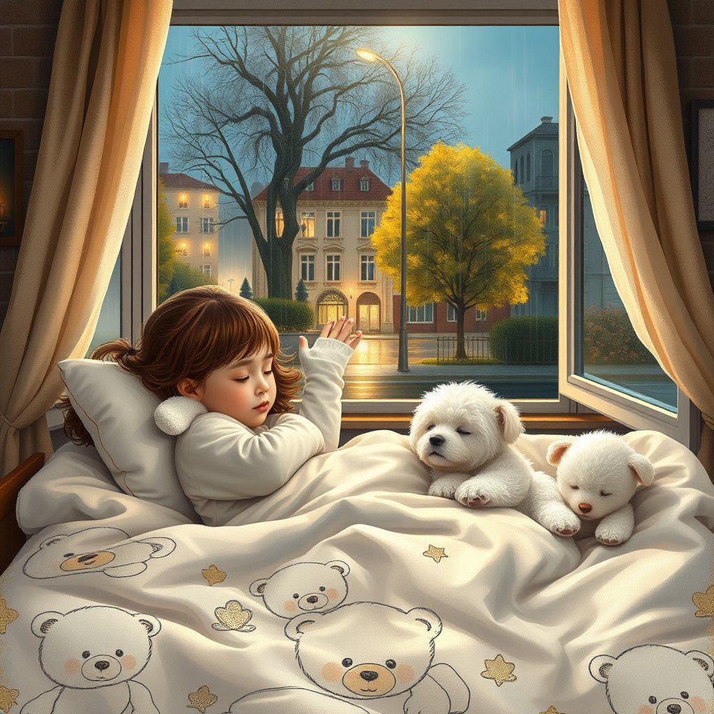 Dreamy Girl Sleeping with Teddy Bear and Puppy