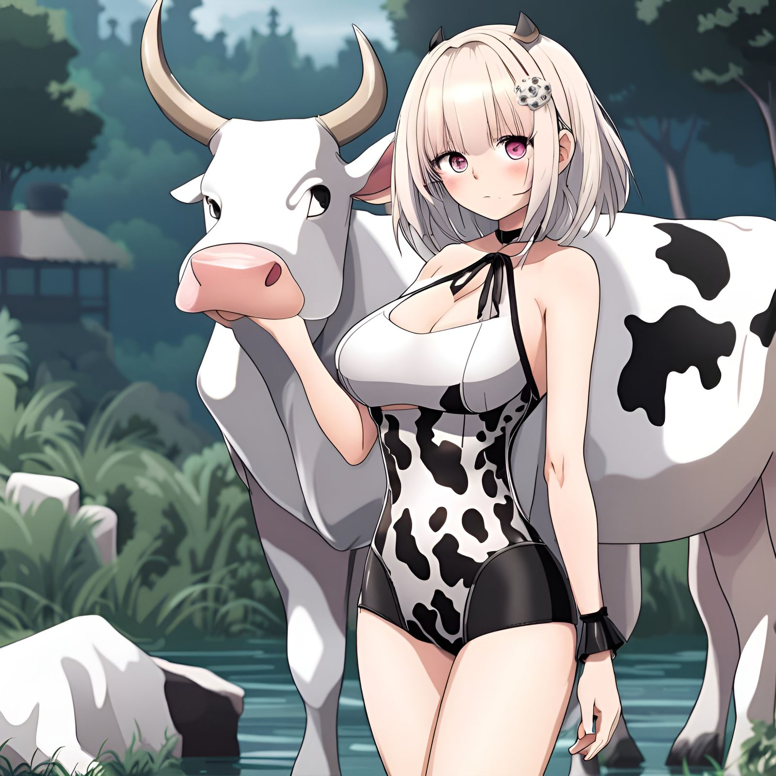 Anime Girl in Cow Print Swimsuit with Gothic Theme