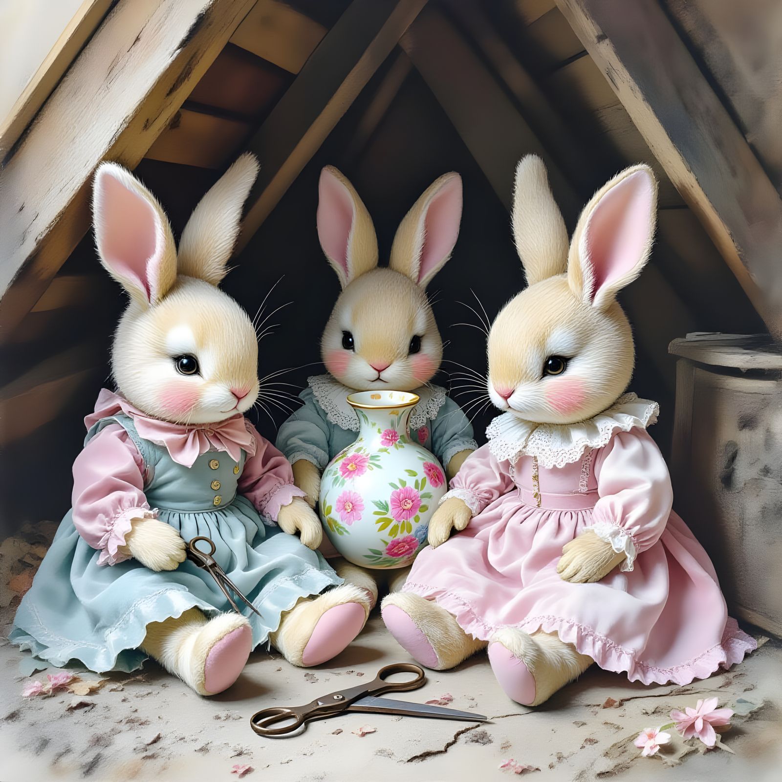 Corrupted Innocence: Bunnies and Cracked Doll in Attic