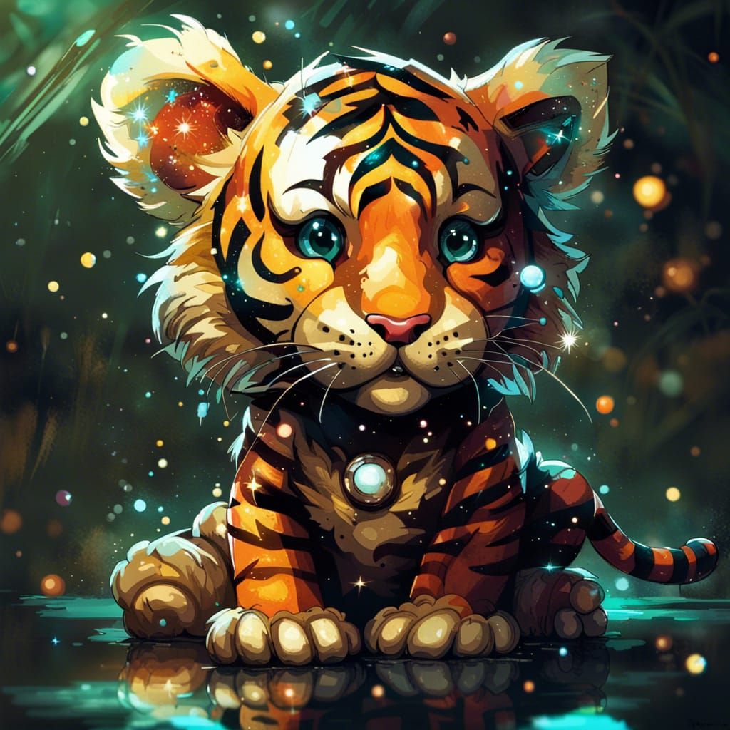 Glowing Baby Tiger Constellation in Anime Space