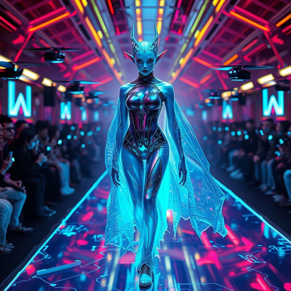 Cyberpunk Fashion Model in Iridescent, Glitching Digital Cou...