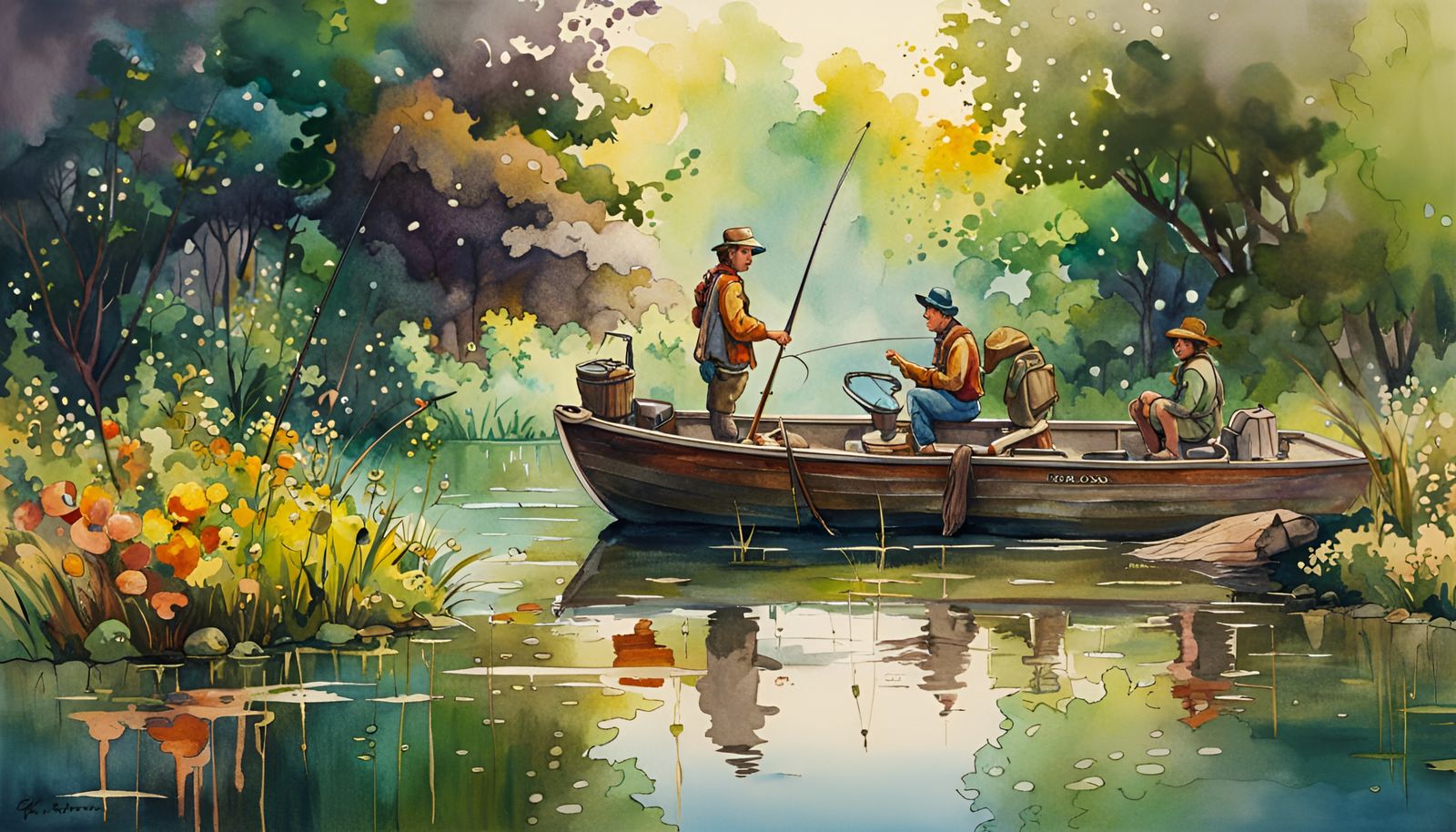 Rainy Day Fishing Pond in Watercolor Style