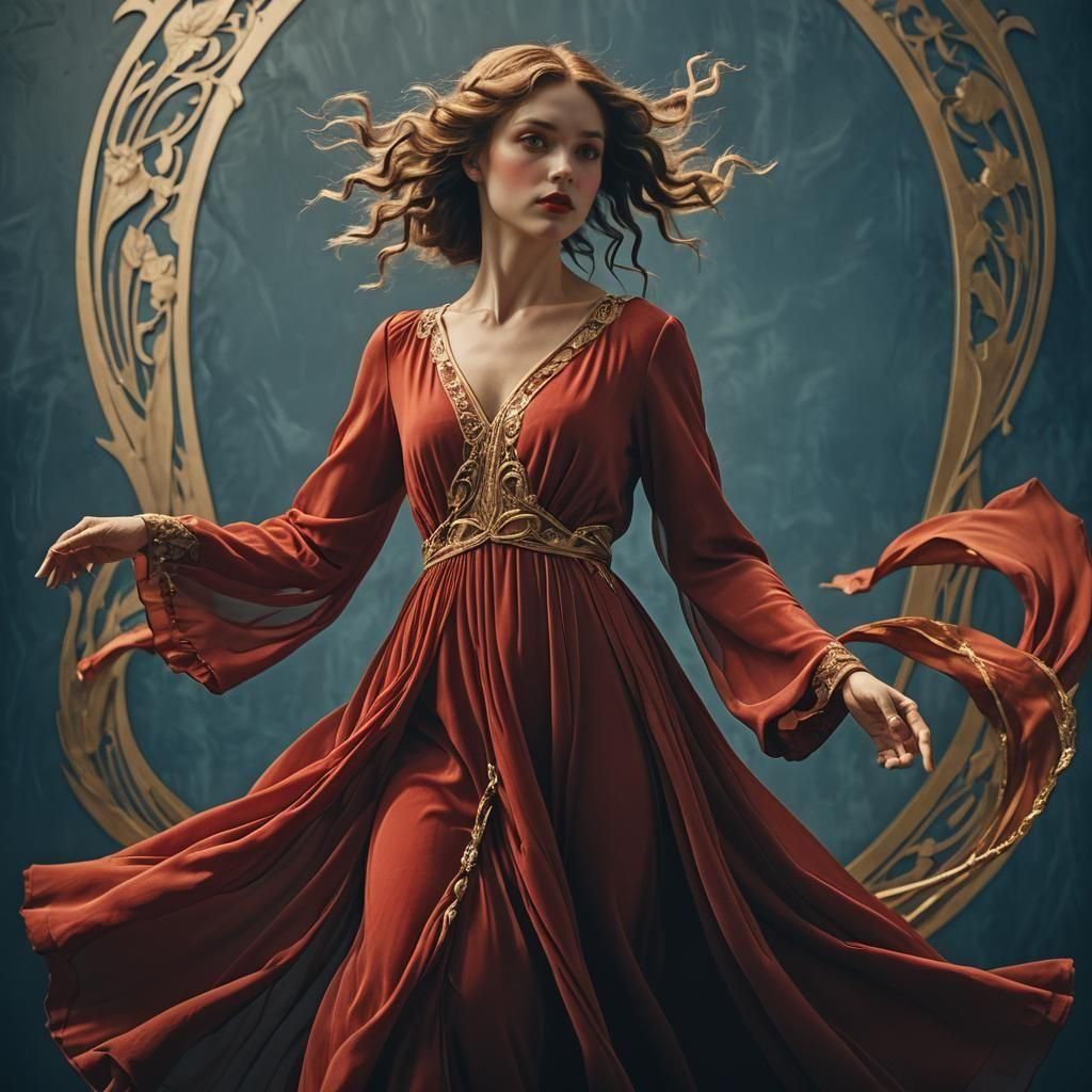 Girl in Red Dress: Art Nouveau Style Portrait