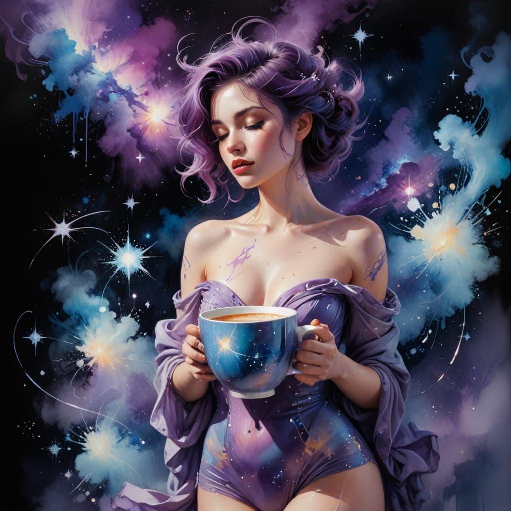 Cosmic Café: Pin-Up Model in Surreal Starry Night