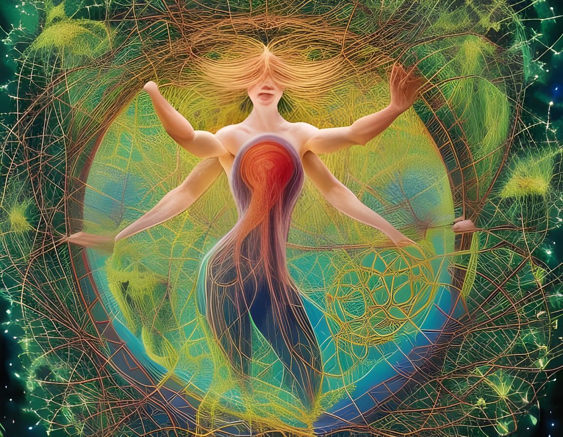 Surreal Woman Observing Sphere in Fungi Network