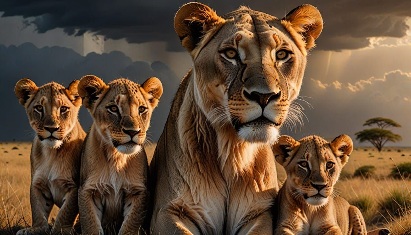 Lioness and Cubs in Stormy Afternoon Light