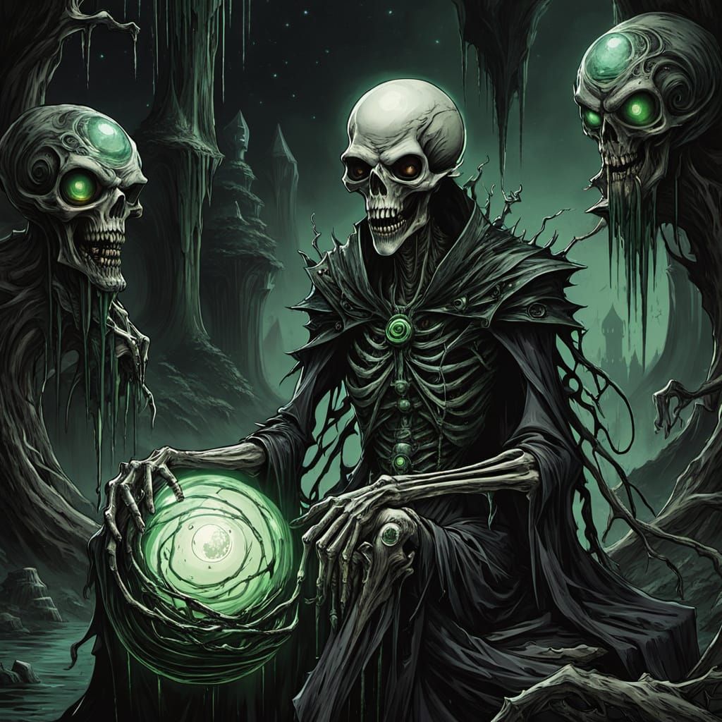 Gigeresque Alien on Bone Throne with Glowing Orb