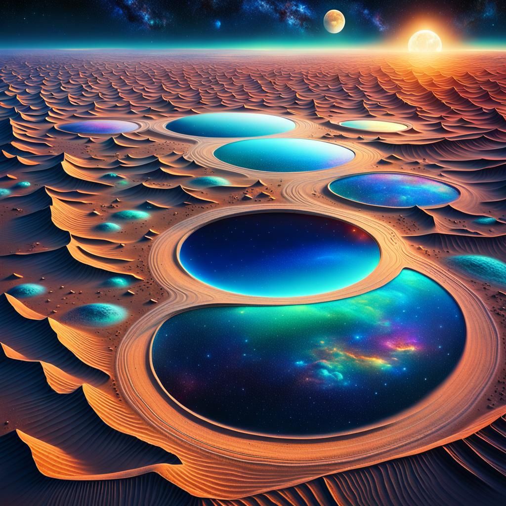 Surreal Desert Mirrors Reflecting a Giant Moon