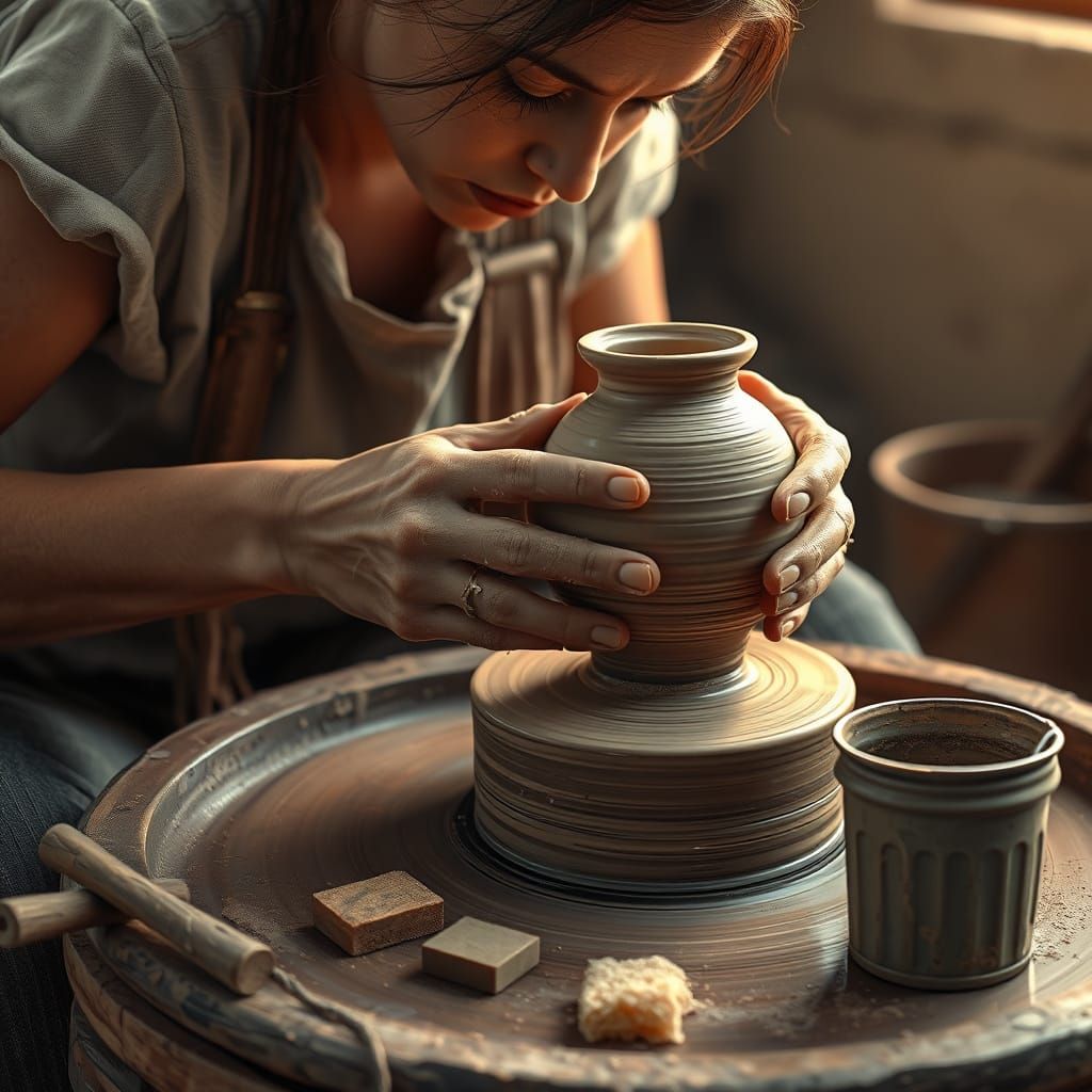 Woman in Intimate Wheel Throwing Pottery Scene, in Photoreal...