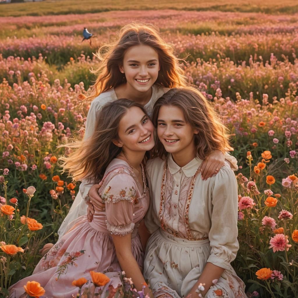Couple in Field at Sunset: Oil Painting