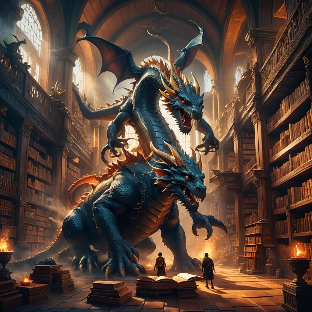 Mythical Creatures in a Mystical Library: Fantasy Art