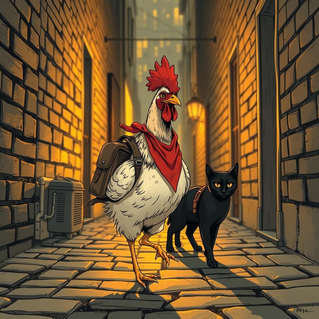 Chicken and Cat Encounter in Alleyway, Digital Art