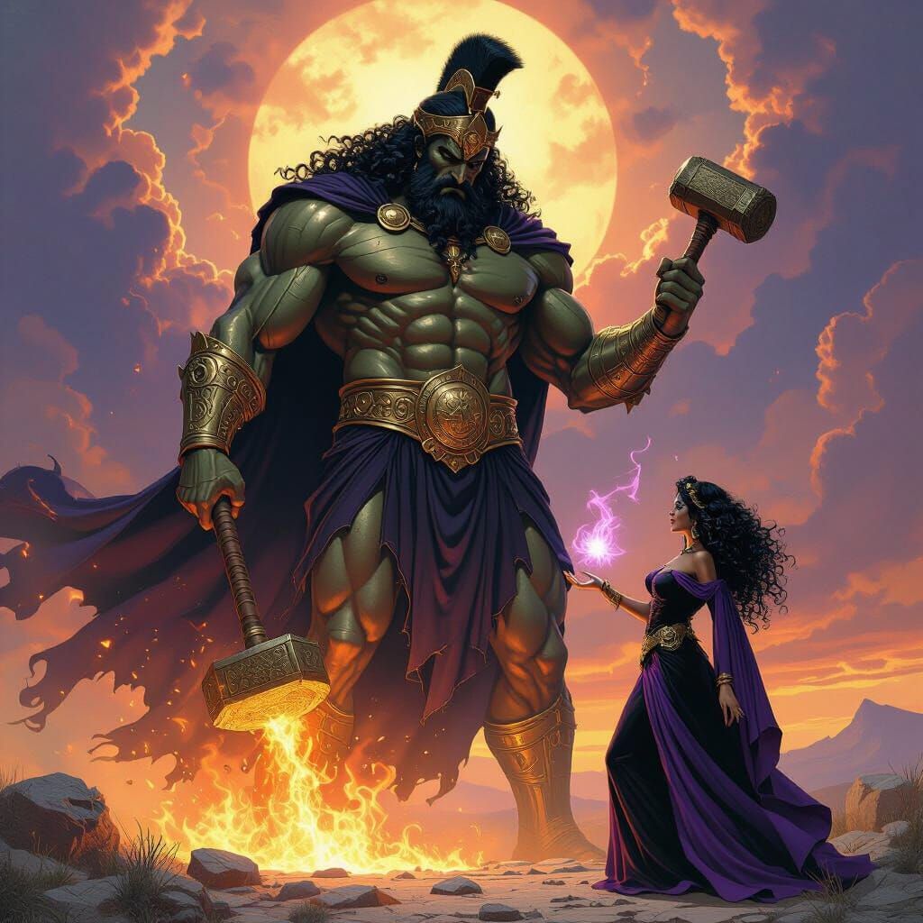 Bronze Giant Talos and Witch in Dreamlike Scene