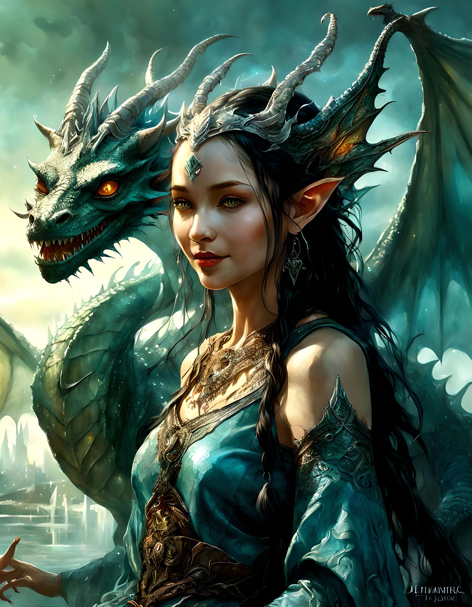 Elven Water Demon and Dragon: Anime-Inspired Art