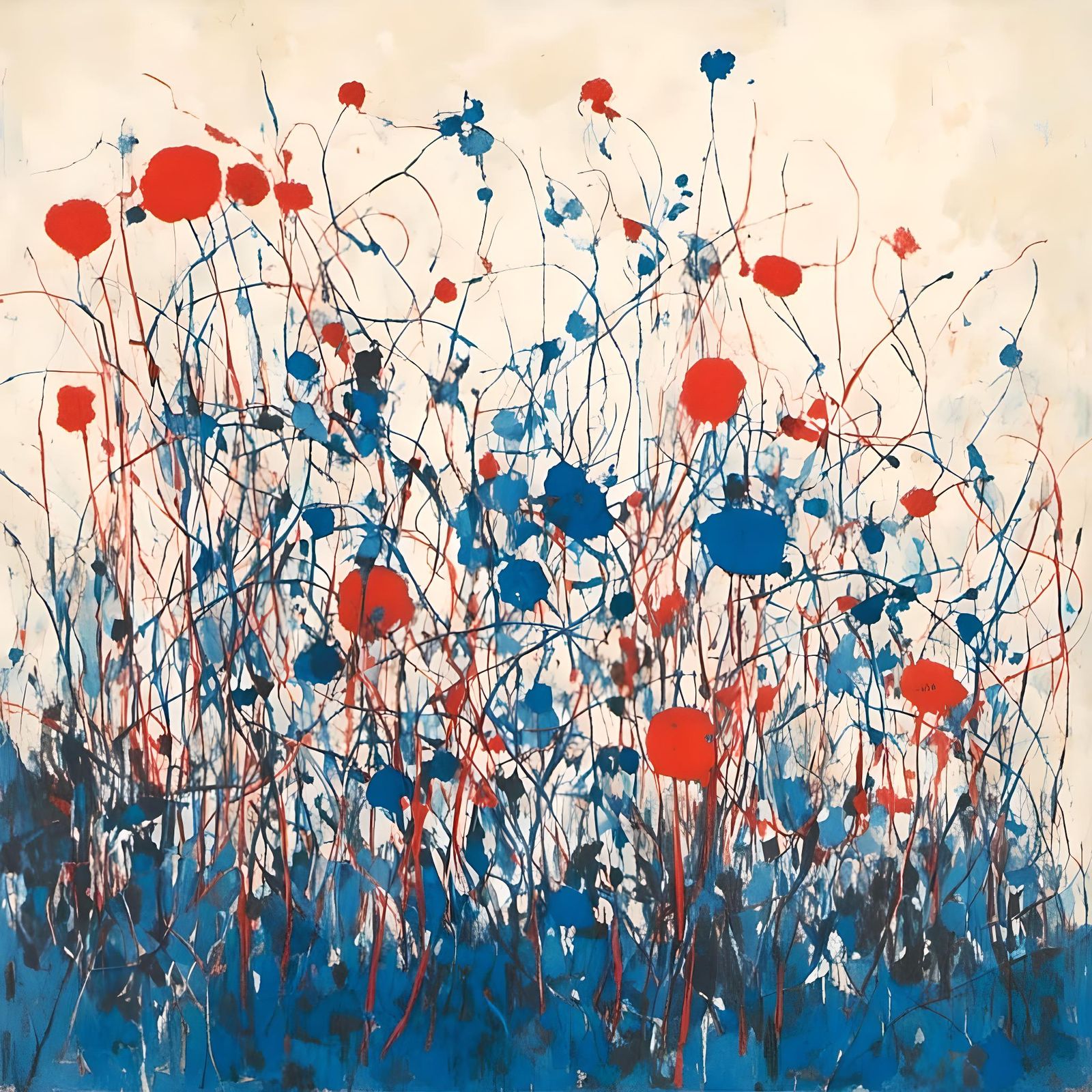 Floral Line Art with Red and Blue Accents