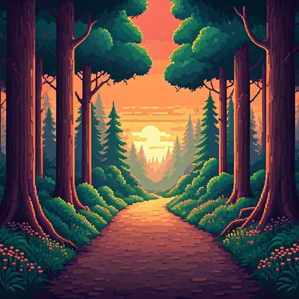 Pixelated Forest Path at Sunset in Retro Style