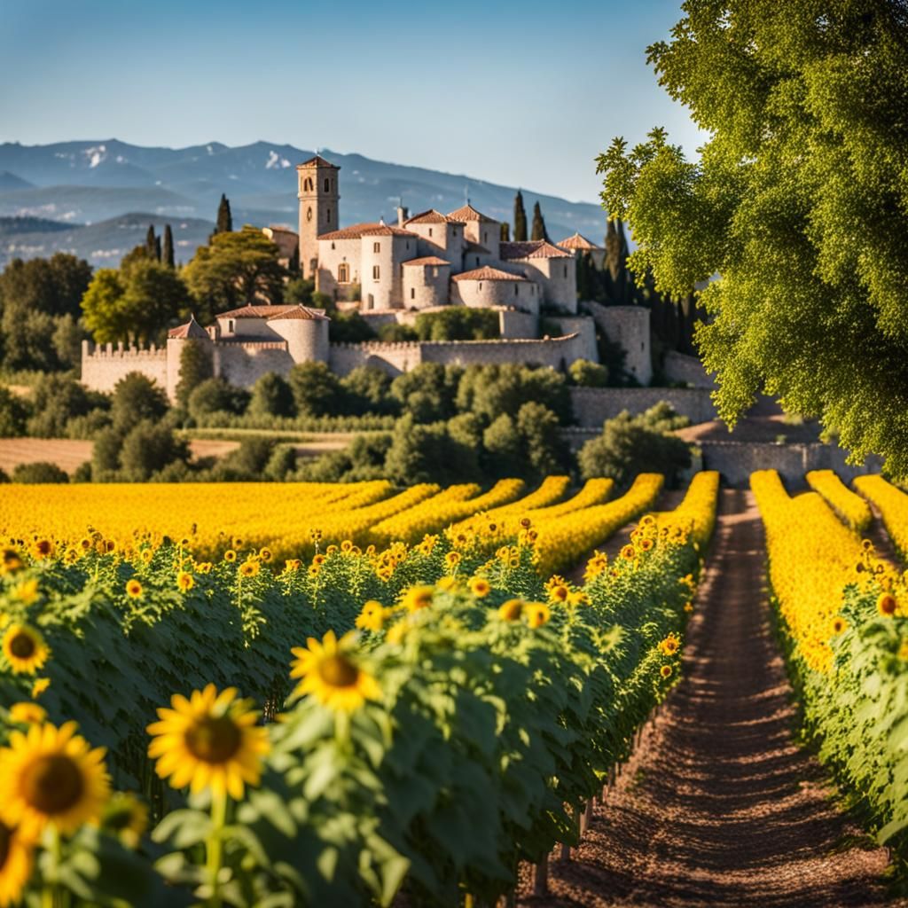 French Château and Sunflower Field in Provence