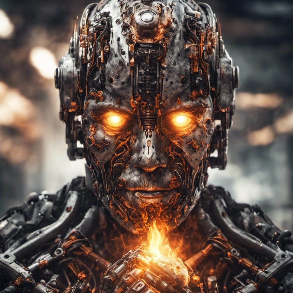 Hyperrealistic Robot Man with Fire Head