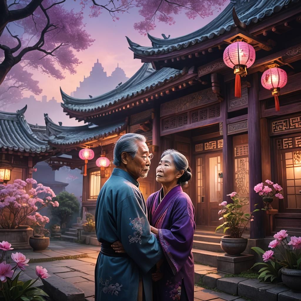 Asian Couple Embrace in Fantasy Concept Art