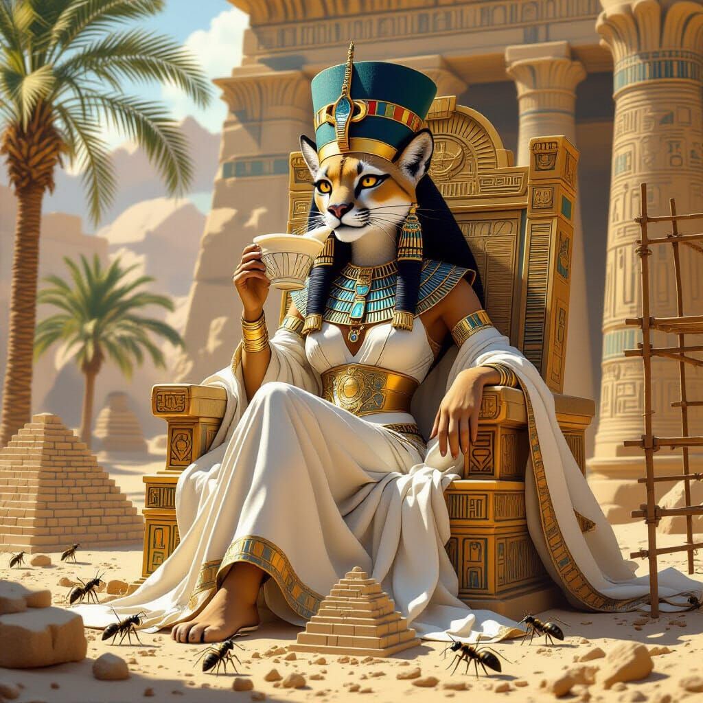 Regal Puma Goddess on Throne in Egyptian Fantasy Scene