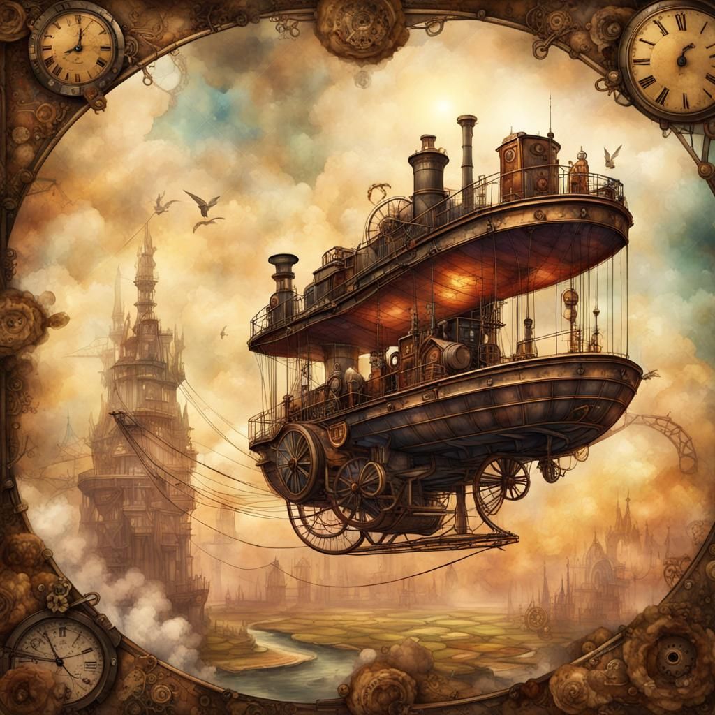 Steampunk Airship Over Landscape in Watercolor Style
