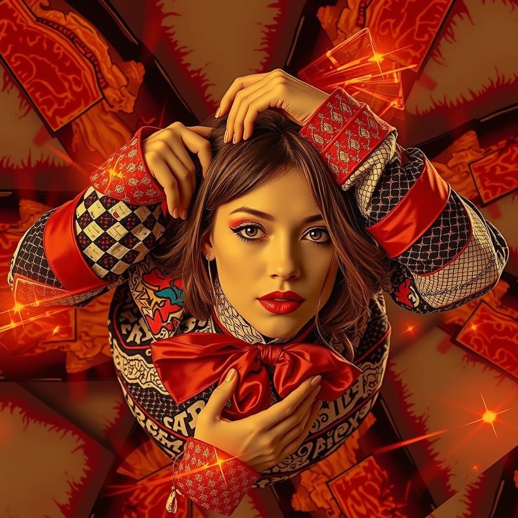 Flamboyant Woman in Chaotic Outfit with Mental Overlay